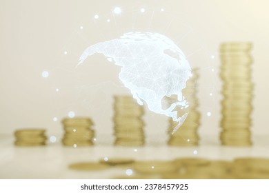 Digital map of North America hologram on coins background, global technology concept. Multiexposure - Shutterstock ID 2378457925