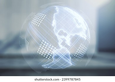 Digital map of North America hologram on blurry contemporary office building background, global technology concept. Multiexposure