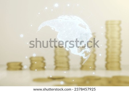 Digital map of North America hologram on coins background, global technology concept. Multiexposure