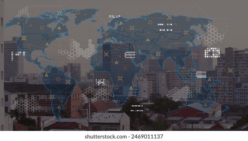 Digital map overlaying cityscape, showing various data points. Blue and yellow icons represent different locations and information