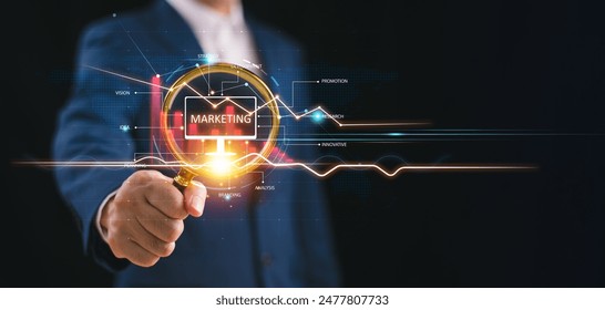 Digital market background. Investment E-commerce online sale concept. Business man use magnify glass market channel solution. Promotion product service plan, search engine, social media, website SEO - Powered by Shutterstock