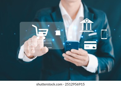 A digital marketer is about to complete an online bank payment, as indicated by the approved credit card and network connection icons on the virtual screen