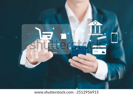 A digital marketer is about to complete an online bank payment, as indicated by the approved credit card and network connection icons on the virtual screen