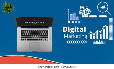 Digital Marketing Advanced Concept With An Analytic Illustration, Blue Background.