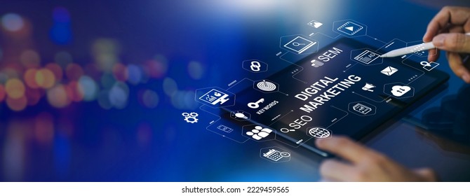 Digital marketing business technology banner web with copy space. Website adertisement email social media network, SEO, SEM video and mobile application icons in virtual screen. - Shutterstock ID 2229459565