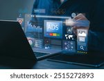 Digital marketing commerce online sale concept, Businessman using laptop with Ads dashboard digital marketing strategy analysis for branding. online advertisement, ad on website and social media.