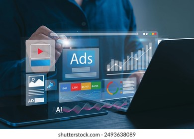 Digital marketing commerce online sale  concept, Businessman using laptop with Ads dashboard digital marketing strategy analysis for branding. online advertisement, ad on website and social media.