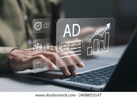 Digital marketing commerce online sale concept, Businessman use laptop with advertising on website. planning advertising marketing strategies to target social media native, ad, advertisers, sales.