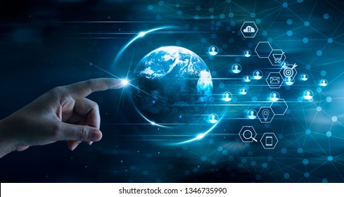 Digital marketing concept, Business technology, Mobile payments, Banking network, Online shopping, Hand touching global network and data customer connection on dark blue background.