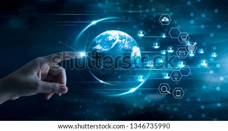 Digital marketing concept, Business technology, Mobile payments, Banking network, Online shopping, Hand touching global network and data customer connection on dark blue background.