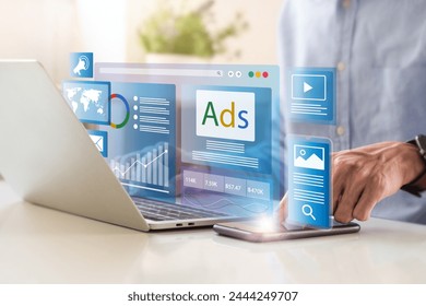 Digital marketing concept, Businessman using laptop with Ads dashboard digital marketing strategy analysis for branding. online advertisement, ad on website and social media. SEO. SMM. - Powered by Shutterstock