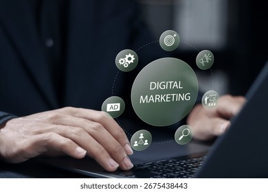 Digital marketing concept. Data analytics management, seo, target, ad. Businessman using laptop with digital marketing icons on virtual screen.