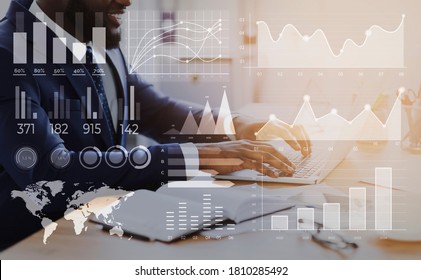 Digital Marketing Concept. Interactive Business Process Map Over Hands Of Unrecognizable African American Businessman Typing On Laptop Keyboard In Office, Collage