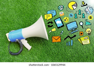 Digital Marketing Concept. Megaphone Surrounded By Media Icons