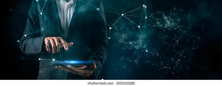 Digital marketing data analytic technology, businessman's hand using mobile phone computer to manage business marketing sale commercial media data cyber space digital world metaverse background