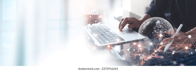 Digital marketing, data exchange, global business. Businessman using digital tablet computer double exposure with smart city, online marketing, data transfer, global internet network technology - Powered by Shutterstock