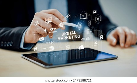 Digital marketing and financial business data analytics technology concept. Global website adertisement social media network, SEO, SEM video and mobile application icons with ai fintech for strategy. - Powered by Shutterstock