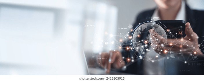 Digital marketing, global business concept. Businessman using mobile phone, laptop computer with global internet network connection technology and smart city, social media marketing, e-commerce, IoT - Powered by Shutterstock