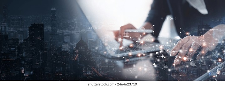 Digital marketing, global business concept. Businessman using digital tablet with global internet network connection technology and smart city, social media marketing, e-commerce, IoT - Powered by Shutterstock