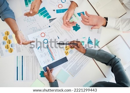 Digital marketing, hands and data analysis meeting for financial reports and branding for a startup company. Paperwork, charts and business people planning a global seo promotional campaign project