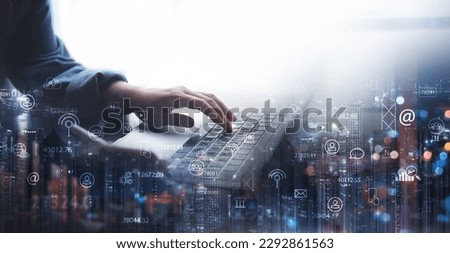 Digital marketing, IoT Internet of Things, Internet communication technology, business plan and strategy concept. Businessman using laptop computer with market research and smart communication icons