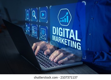 Digital Marketing Manager Working On Social Media Network Advertising, Online Ad On Internet Website, Mobile And Email Newsletter Communication Advertisement Campaign With SEO, PPC, ROI Strategy