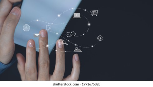 Digital marketing media, E-commerce, IoT Internet of Things, online shopping concept. Woman using mobile phone with icons,  and Pay Per Click (PPC) dashboard, business and technology