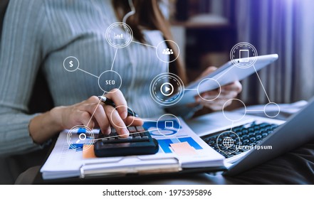 Businesswoman Hand Working Laptop Computer Tablet Stock Photo ...