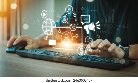 Digital marketing media (website ad, email, social network, SEO, video, mobile app) Businessman uses laptop to do online marketing to attract customers ,Merchant marketing attracts customers. - Powered by Shutterstock