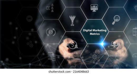 Digital Marketing Metrics And KPIs Concept. Measuring Values To Prove The Effectiveness And Success Of Projects And Campaigns Across Marketing Channels.  Metrics Of Traffic, Conversion And Revenue.