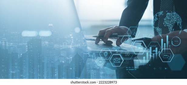 Digital marketing, online business, Businessman using laptop computer analyzing sale data graph growth on global network and social media marketing, business strategy and solution, Internet of Things - Shutterstock ID 2223228973