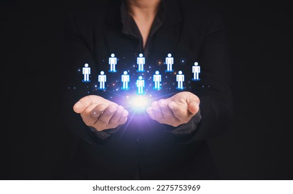 Digital marketing online. Customer relationship management or CRM and Human resources management recruitment employment headhunting concept. Data exchange development
