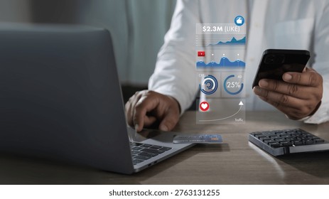 Digital marketing performance and analytics concept with ads dashboard, campaign tracking, conversion data, ecommerce transactions, customer engagement, mobile marketing, and business optimization. copy space