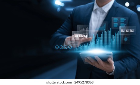 Digital marketing and sales data analysis, businessman analyzing financial reports and sales data, business growth goals, strategy and business planning. - Powered by Shutterstock