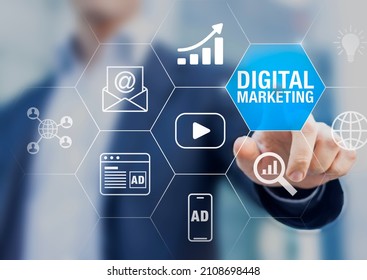 Digital Marketing Specialist Working On Social Media Network Advertising, Online Ad On Internet Website, Mobile And Email Newsletter Communication Advertisement Campaign With SEO, PPC, ROI Strategy