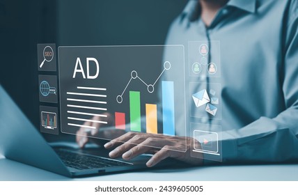 Digital marketing strategy analysis concept. Businessman analyzing digital advertising data and SEO metrics on a modern laptop. Commerce online sale, Social media, Email marketing, Customer research, - Powered by Shutterstock