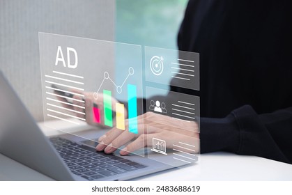 Digital marketing strategy analysis concept. Businessman analyzing digital advertising data and SEO metrics on laptop. Commerce online sale, Social media, Customer research, ad online content creator, - Powered by Shutterstock