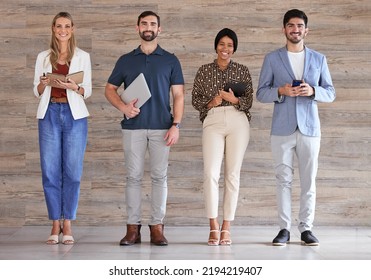 Digital Marketing Team Or Business People Happy For Company Growth And Standing In An Office Building. Portrait Of Advertising Employees Or Colleagues Smiling Working On Startup Social Media