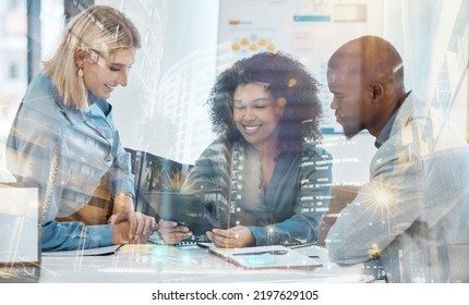 Digital Marketing Team Or Business People In City Office Building With Collaboration, Teamwork And Planning Of An Online Project. Happy Tech Corporate Workers With Seo Analytics On A Tablet At Night