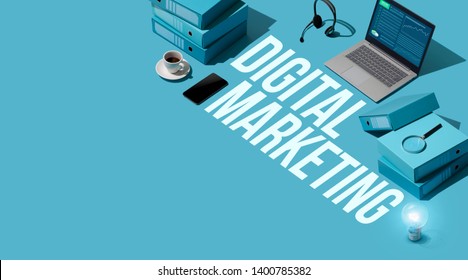 Digital Marketing, Technology And Communication Service: Isometric Laptop And Desktop Items, Blank Copy Space