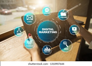 Digital Marketing Technology Concept. Internet. Online. Search Engine Optimisation. SEO. SMM. Video Advertising.