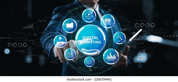 Digital Marketing Technology Concepts In Online Media, Online Advertising To Help Increase Sales And Increase Online Sales Channels To Reach Consumers From All Over The World.