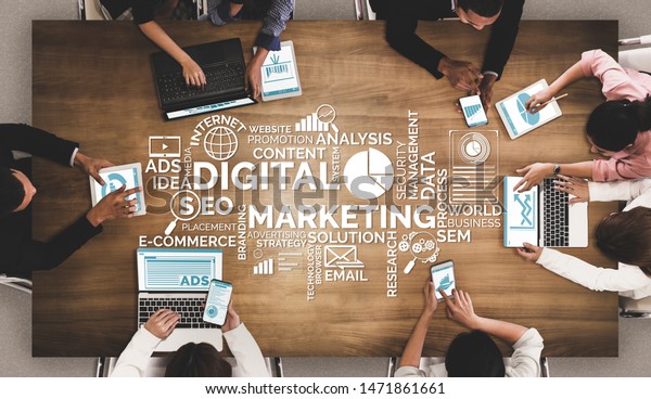 Digital Marketing Technology Solution for Online\
Business Concept - Graphic interface showing analytic diagram of\
online market promotion strategy on digital advertising platform\
via social media.