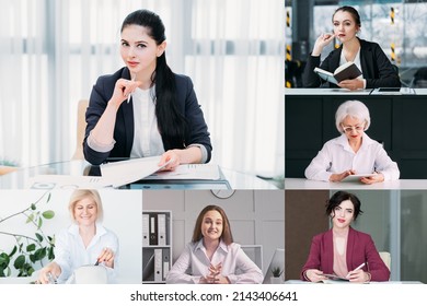 Digital Meeting. Group Video Chat. Internet Conference. Collage Of Female Partners Discussing Project Online In Virtual Home Office On Screen.