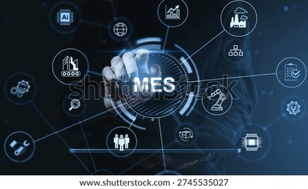 Digital MES interface with glowing lineart icons in futuristic style on dark blue background, concept of modern manufacturing control