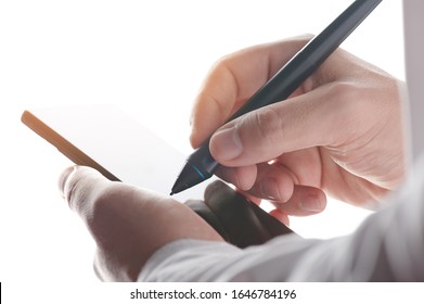 Digital Mobile Signature Theme. Man Sign Electronic Contract On Smartphone Screen