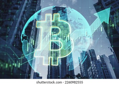 Digital money, cryptocurrency and investing concept with glowing bitcoin symbol, rising financial chart candlestick, arrow and world map globe on city bottom view background, double exposure - Powered by Shutterstock