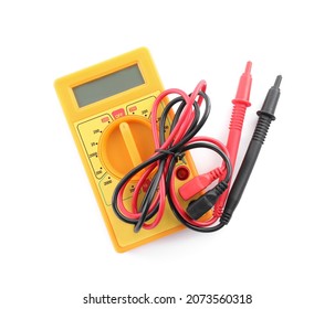 Digital multimeter on white background, top view. Electrician's tool