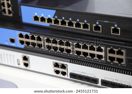 Digital network computer switch hub panel with free empty sockets without wires