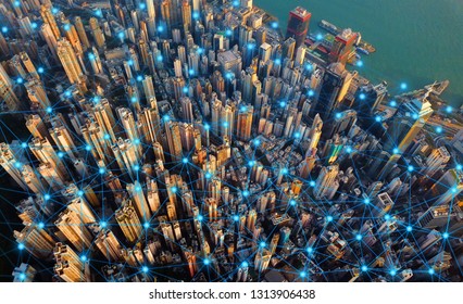 Digital Network Connection Lines Of Hong Kong Downtown. Financial District And Business Centers In Smart City In Technology Concept. Top View Of Skyscraper And High-rise Buildings. Aerial View